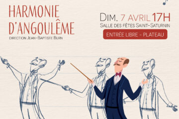 Affiche concert Musiqu'Animée. Un chef d'orchestre bouge les bras de haut en bas. Chaque étape est dessinée comme dans un dessin-animé