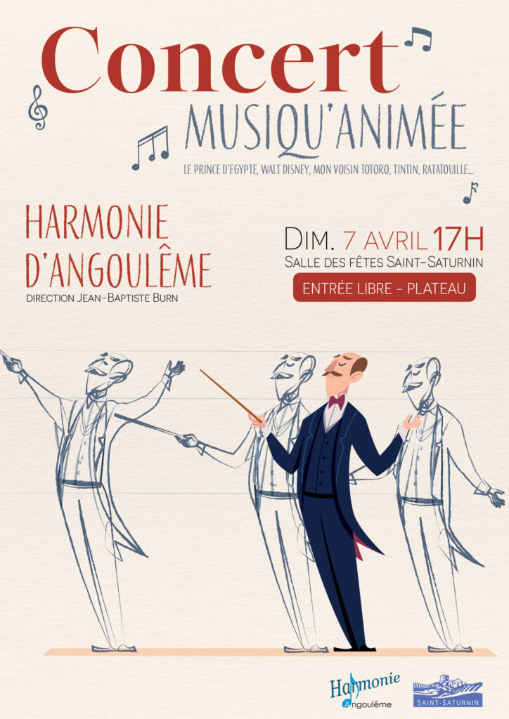 Affiche concerts Musiqu'Animée.Un chef d'orchestre bouge les bras de haut en bas.Chaque étape est dessinée comme dans un dessin-animé