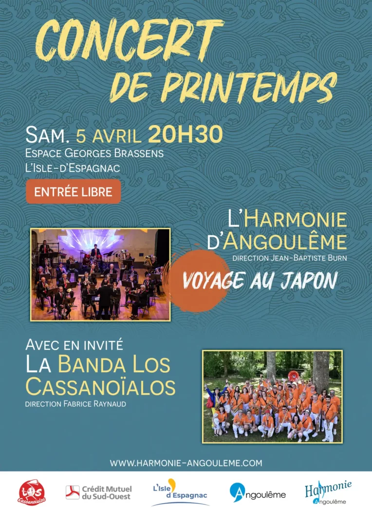 Affiche du concert de Printemps 2025. Concert partagé entre l'Harmonie d'Angoulême et la Banda Los Cassanoïalos.